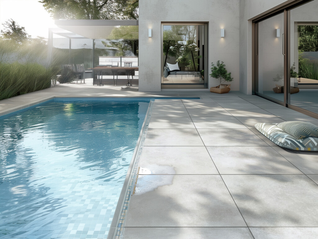 Verbundkeramik Concreto Ice Terrasenplatte mit Pool